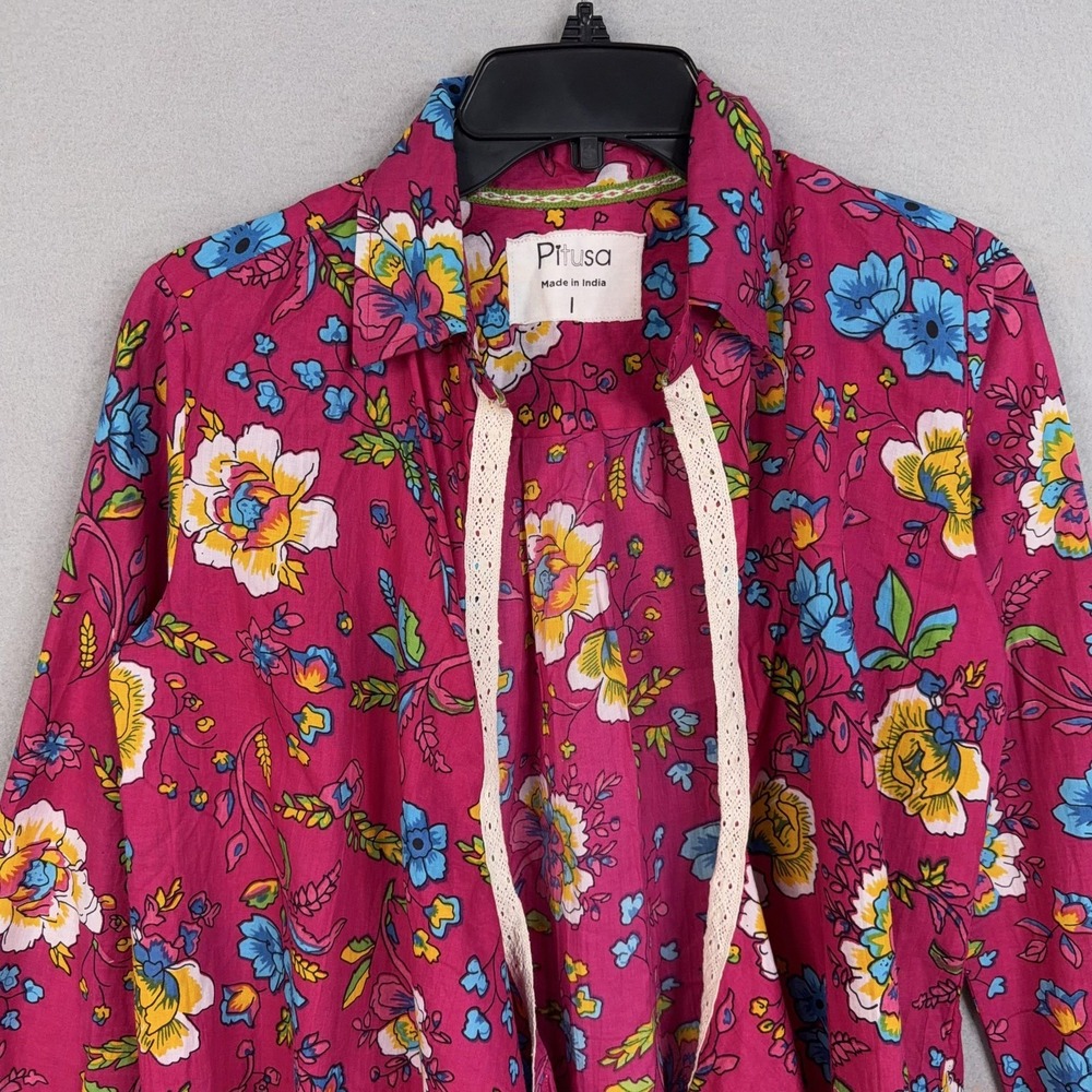 Pitusa Blouse Womens I Pink Floral Cotton Collared Boho Tie Front Top Lace Cuff - Picture 2 of 14